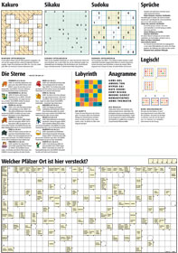 Sonntagszeitungsseite. Enthalten sind Kreuzworträtsel, Kakuro, Sikaku, Sudoku, Zitate, Labyrinth, Anagramme, Logical sowie ein Wochenhoroskop